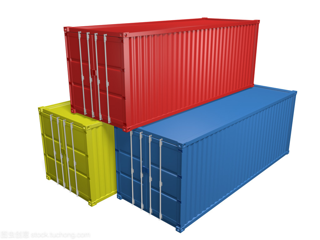 红色、 黄色和蓝色的海运进出口集装箱,3d 渲染